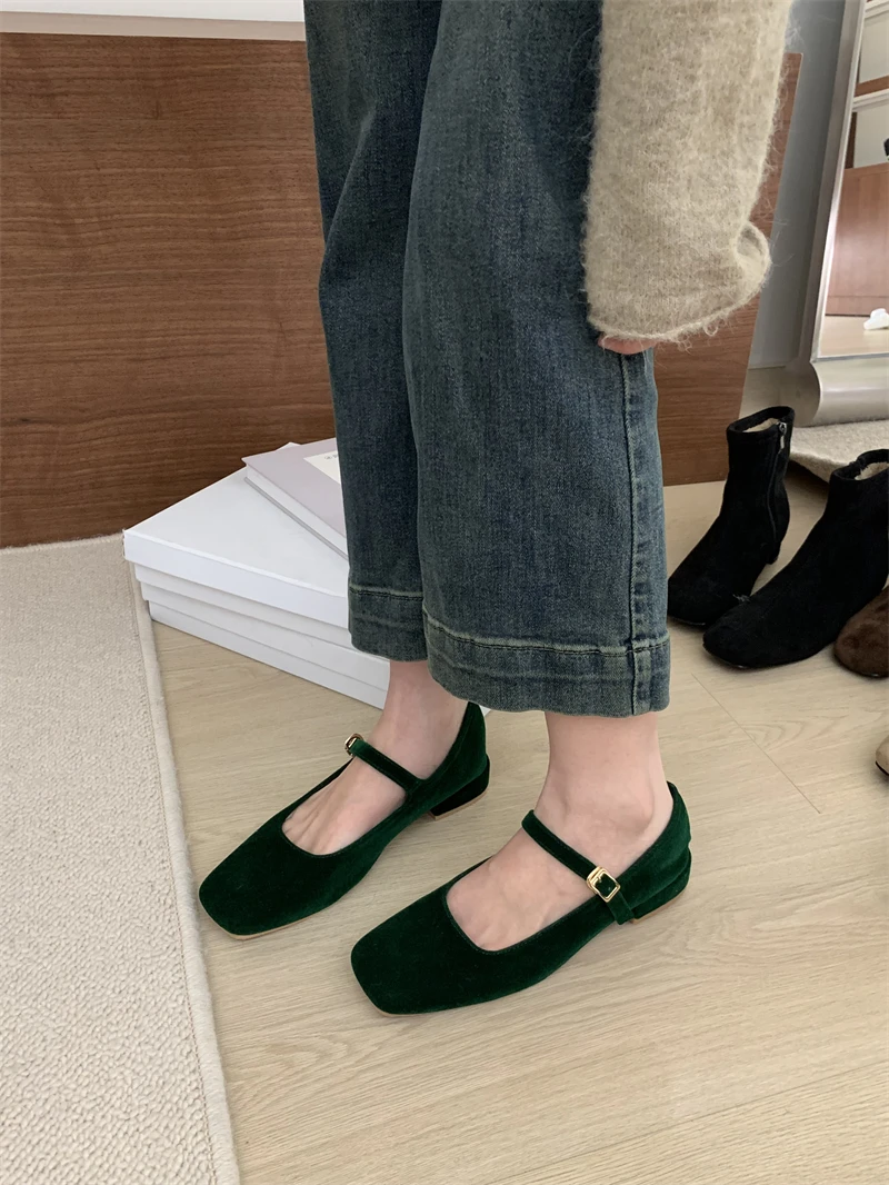 French Style Women Vintage Flats Velvet Square Toe Mary Janes Casual Shoes Comfort Loafers Shoes 2024 Ballerina Flats