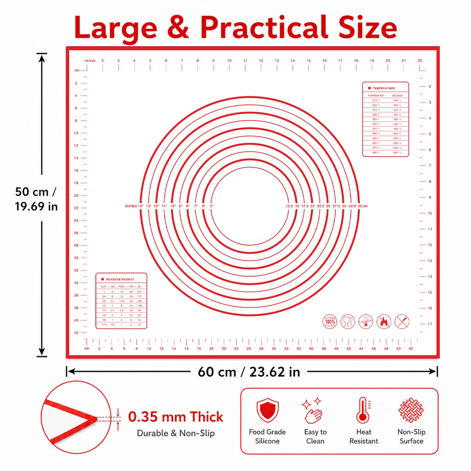 Large 80/70/60cm Silicone Pad Baking Mat For Kitchen Rolling Dough Pizza Dough Non-Stick Maker Holder Kitchen Mat Cooking Tool