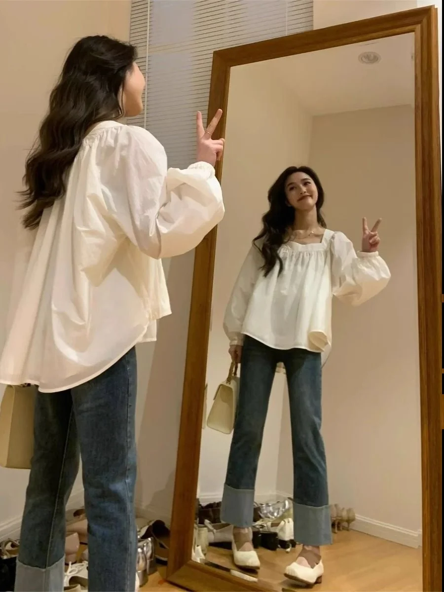 

plus Size Bubble Sve irt Square Collar Loose Fit Belly Covering Slimming Effect Summer Faion Women's Korean Sle Blouse