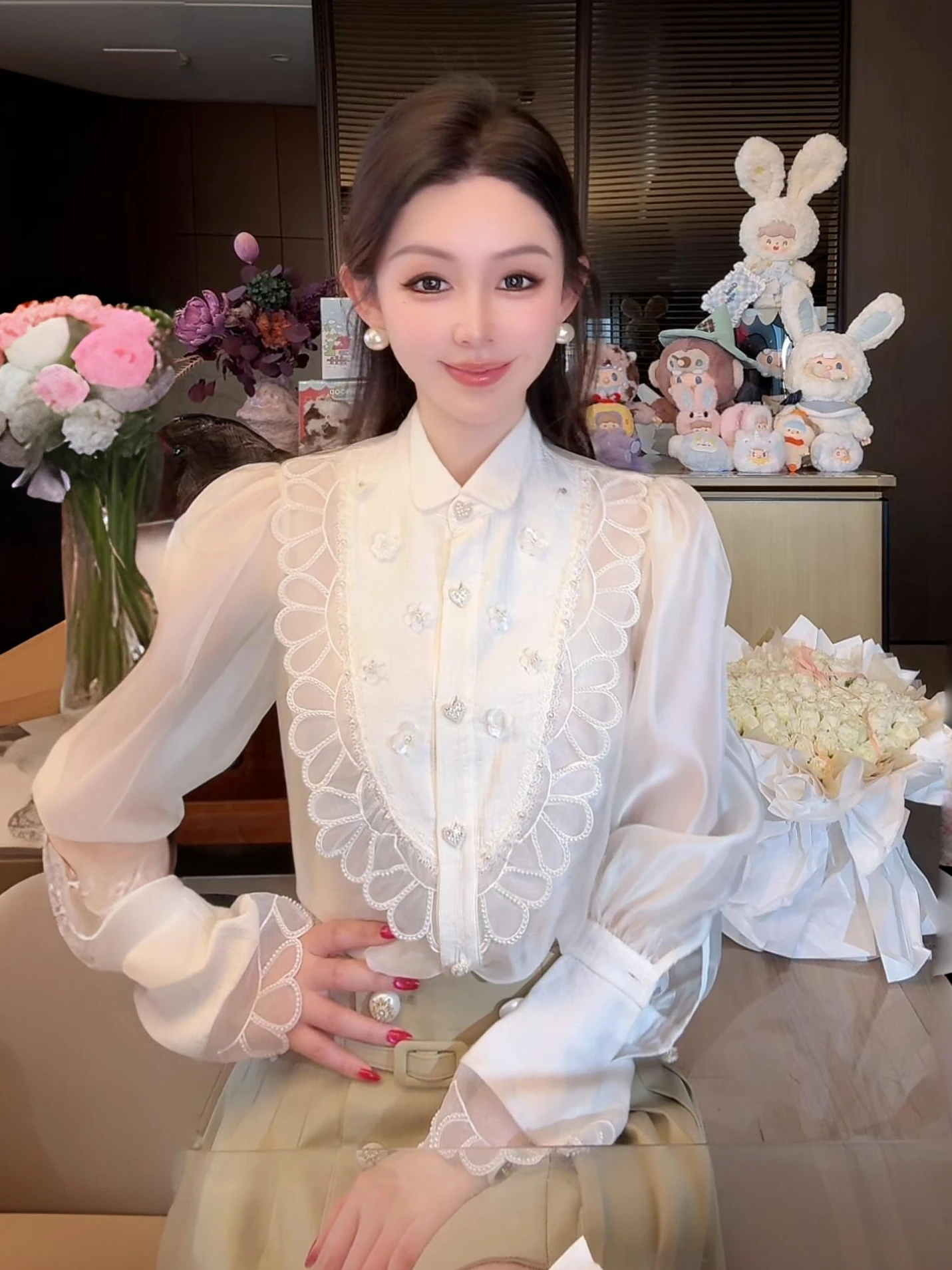 

Элегантная женская блузка с узором, имитирующая хлопок, с сетчатым кружевом и 3D-цветами, с длинным рукавом, свободного кроя