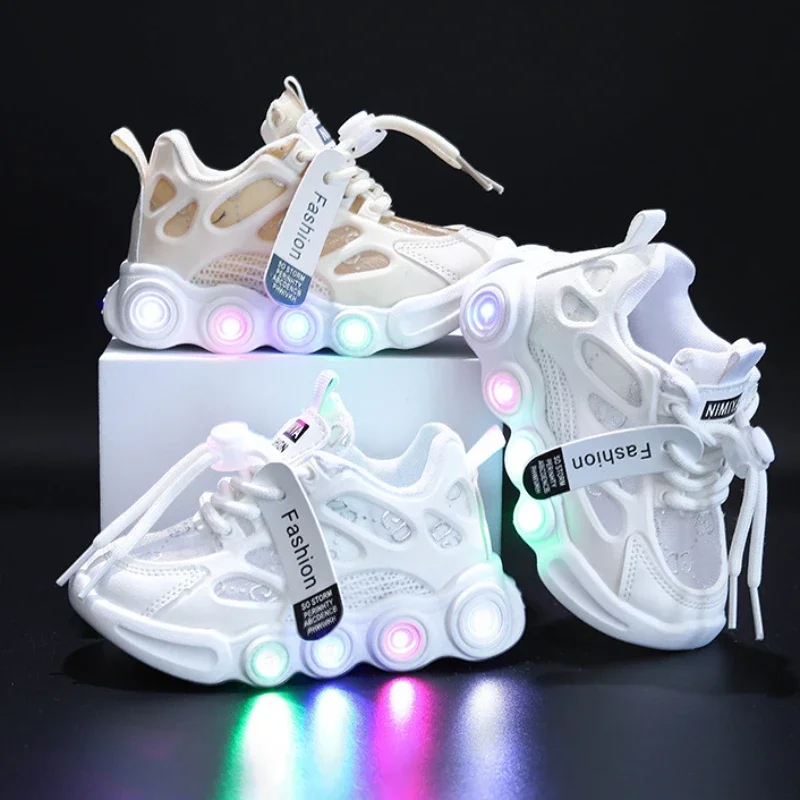 Child Fashion Sport Shoes Summer Luminous Fashion Breathable Kids Boys Net Shoes Girls LED Sneakers with Light Running Shoes