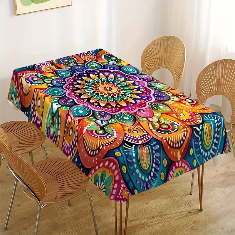 Colorful Mandala Print Rectangle Tablecloth for Table Decor Washable Boho Floral Kitchen Dining Table Cloth Holiday Party Decor