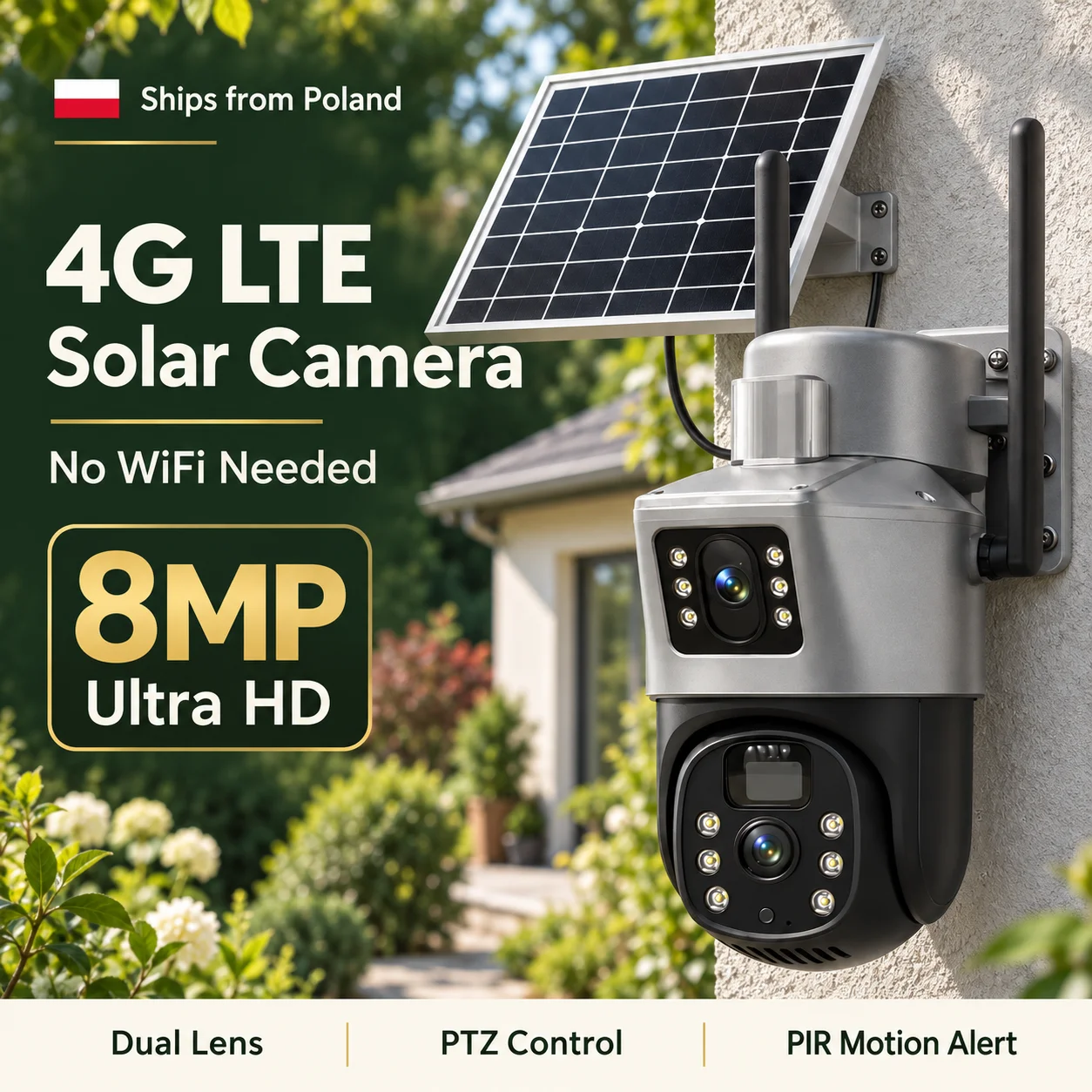 4K 8MP 4G SIM-Karten-Solar-Überwachungskamera mit Dual-Objektiv und Dual-Ansicht, Outdoor-PTZ-IP-Kamera, IP66 wasserdicht, PIR-Bewegungserkennung, Zwei-Wege-Audio, eingebauter Akku, kein WLAN