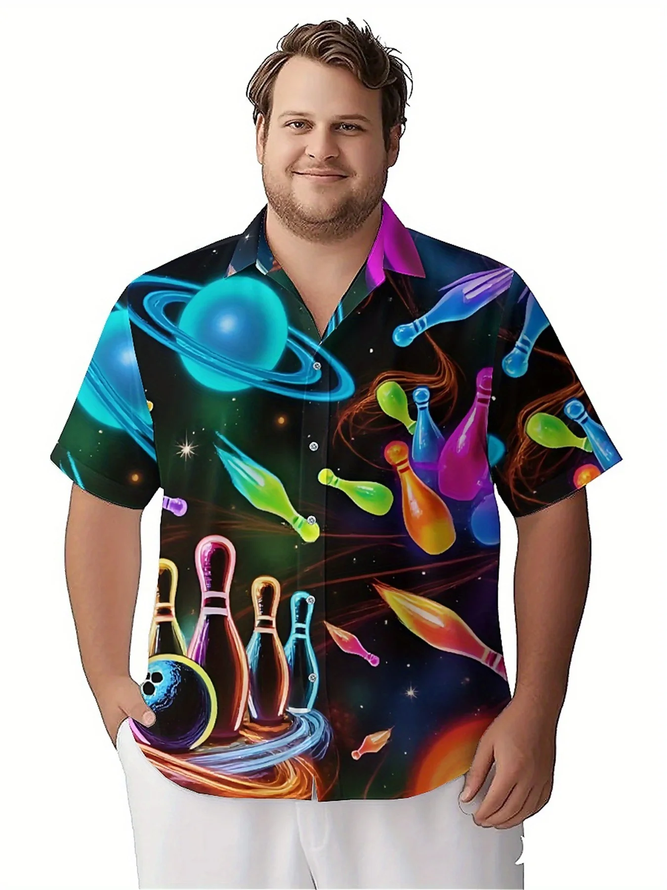 Men's Plus Size Hawaiian Shirts Interstellar Bowling Universe Pattern, Unisex Aloha Shirts,New in Summer Tops Tee,streetwear