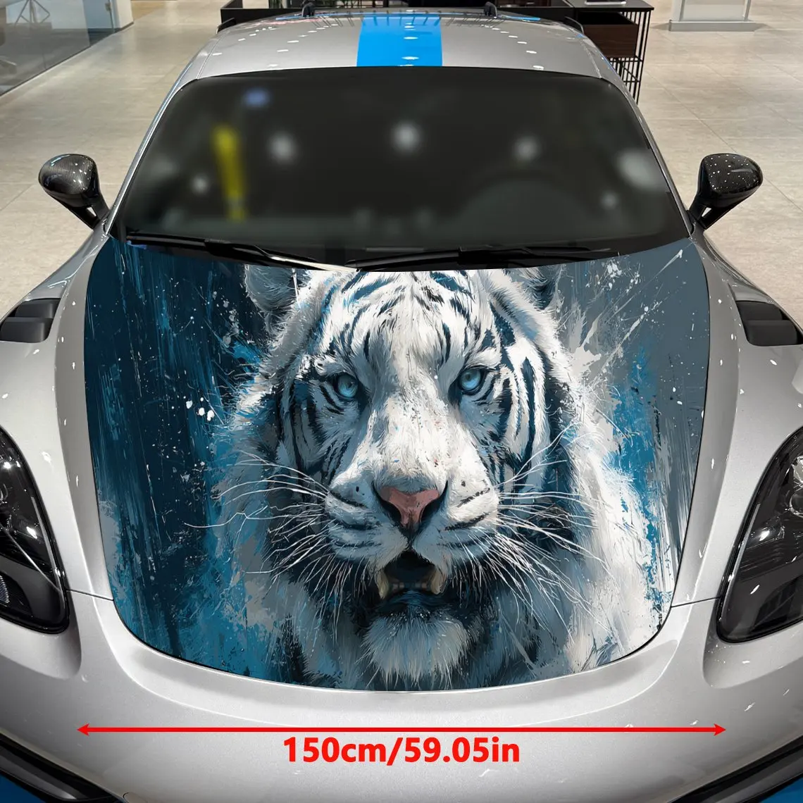 Car Decals A White Tiger In Dynamic Water Splash Close - Up With Intense Gaze And Blue Aquatic Setting Car Hood Sticker, Waterpr