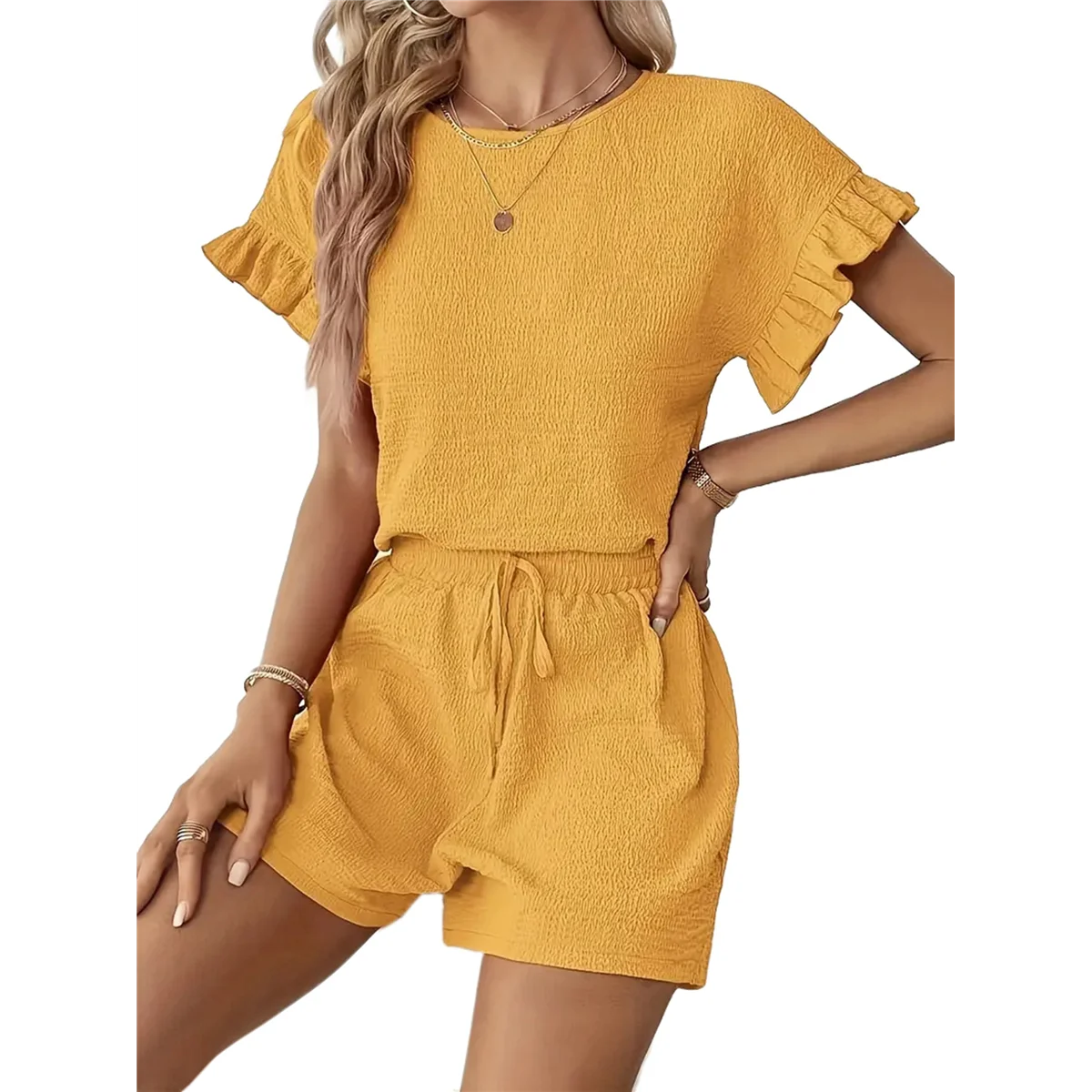 

Women'S 2 Piece Outfits Round Neck Ruffle Short Sleeve Top and Drawstring Shorts Set Yellow L