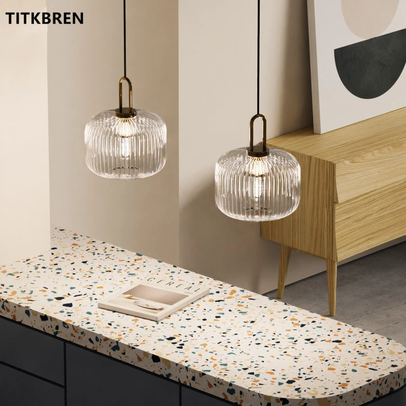 Nordic Simple Style Glass Pendant Light Stripe Lampshade Design Deco Led Dining Room Hanging Lamp Copper Bedroom Fixtures