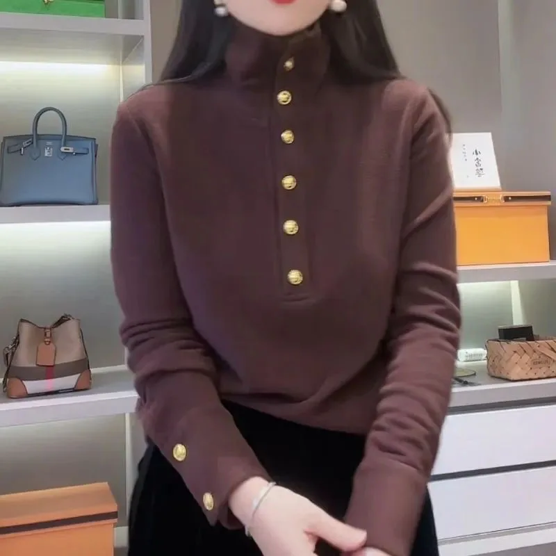 Thickened Double Sided Velvet Hoodie Top Women 2026 New Autumn Winter High Collar Button Loose Warm Undershirts Female Coat