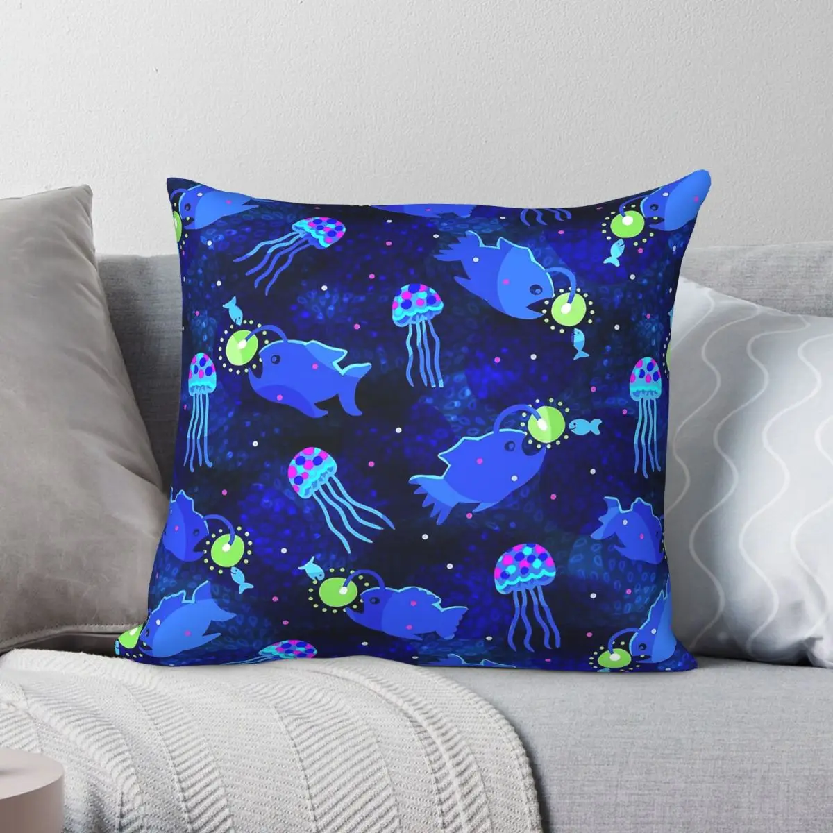 Anglerfish Bioluminescence Square Pillowcase Polyester Linen Velvet Pattern Zip Decorative Pillow Case Home Cushion Case