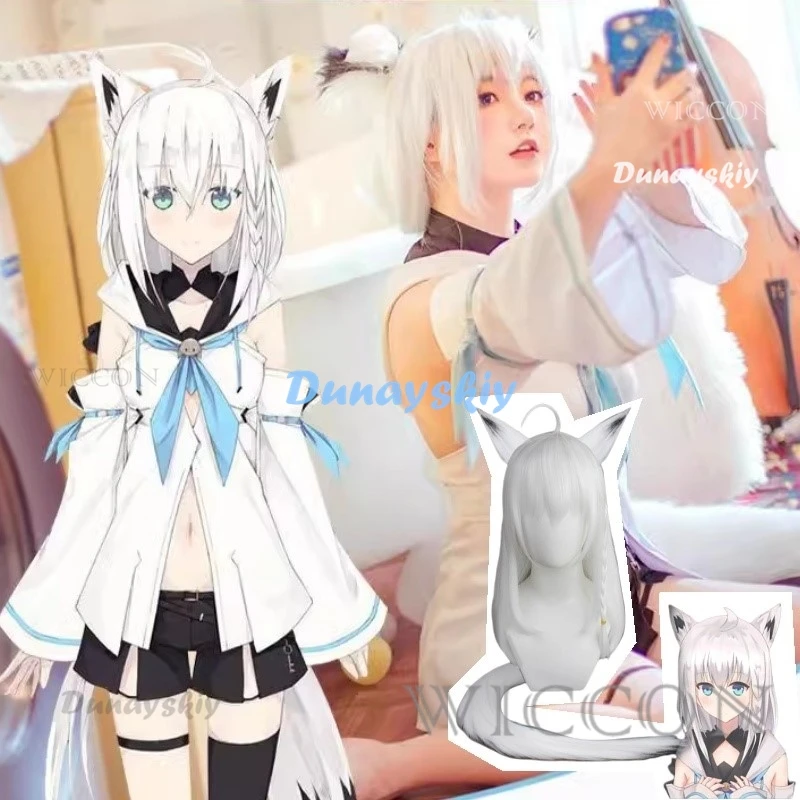 Virtual VTuber Youtuber Hololive Shirakami Fubuki Cosplay Costume Wig Tail Ear Headwear Animal Fox Outfits Anime Cosplay Costume