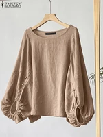 ZANZEA-Tops Vintage para mujer, blusa informal de trabajo OL, camisas elegantes de Color sólido, túnicas holgadas con cuello redondo, Blusas de manga 3/4 para mujer de verano