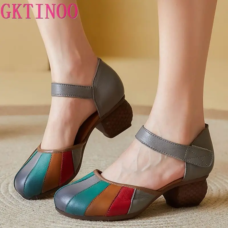 GKTINOO Genuine Leather Retro High Heels Sandals Women Shoes Buckle Strap 2024 New Spring Summer Lady Platform Sandals