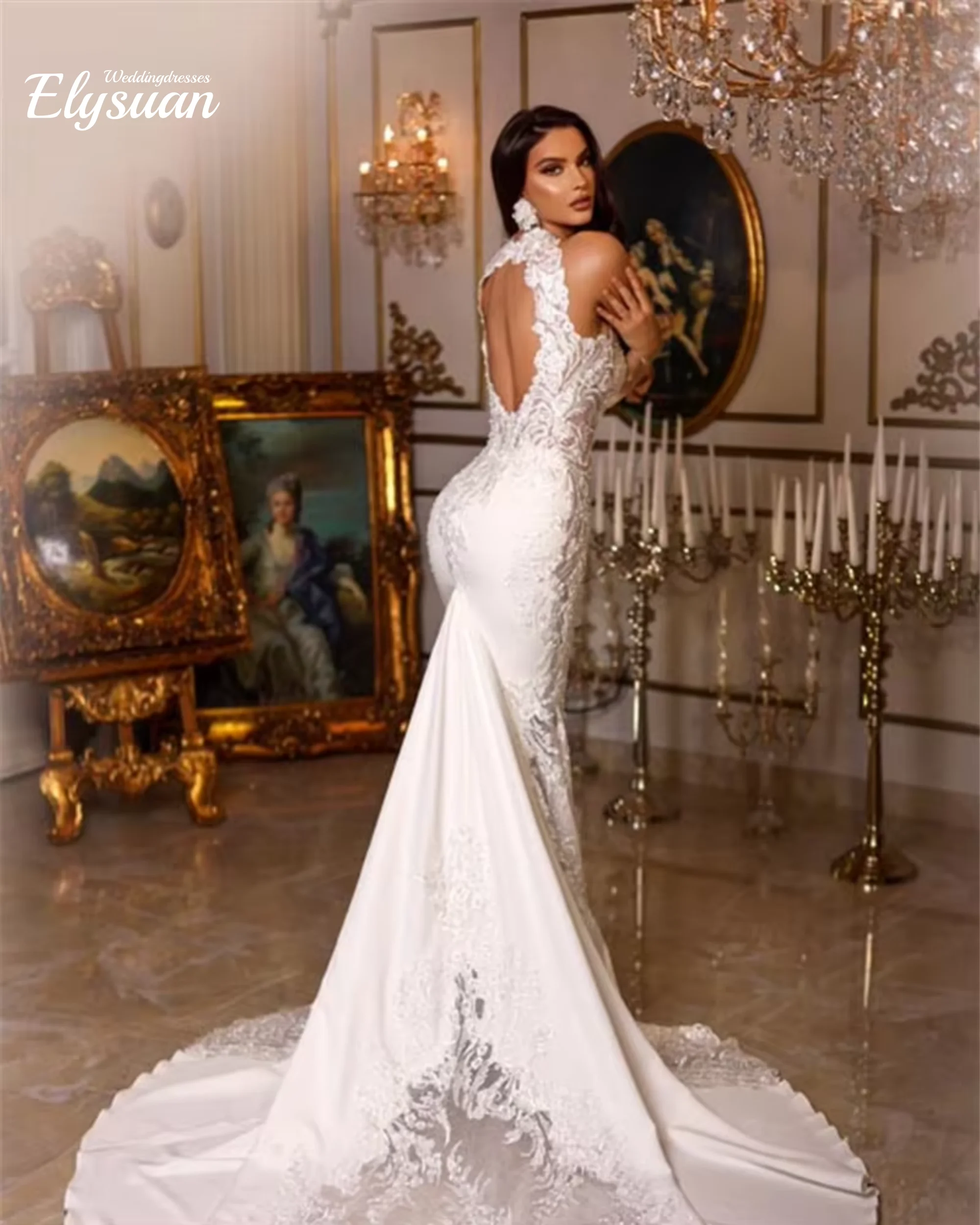 Customized Halter Neck Sleeveless Sexy Mermaid WeddingDress Lace Soft Satin Backless Court Train Bridal Gowns Vestidos De Novi