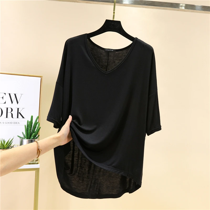 Summer Solid V-neck T-shirt Women Half-Sleeve Female Casual Loose Cotton Modal Tops Casual Base T-Shirts Homewear