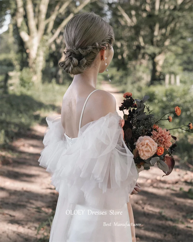 Oloey Elegante Spaghettibandjes Zijde Satijn Korea Trouwjurken Fotoshoot Poff Lange Mouwen Bruidsjurken Tuin Op Maat Gemaakt