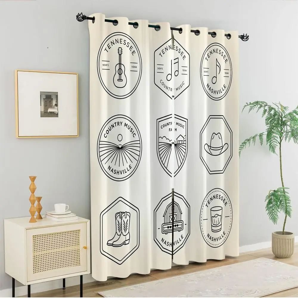 Tennessee Country Music Theme Curtains, Nashville Aesthetic Black and White Line Art Print Drapes, Modern Decorative Curtains view 4