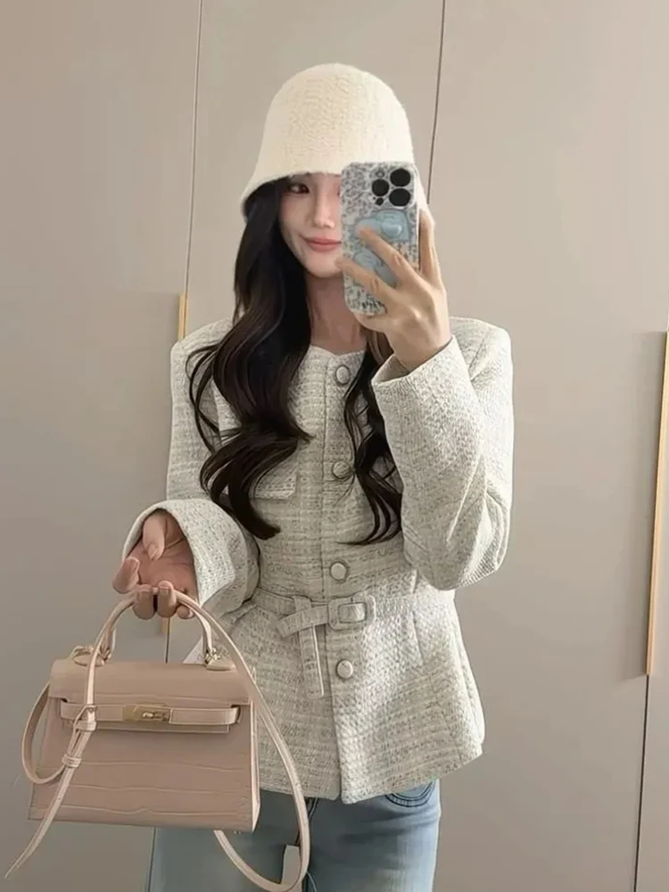 

Милая куртка с тонким поясом, женская мода, элегантное корейское пальто с длинным рукавом и круглым вырезом, осень-зима, женский шикарный дизайн, универсальная верхняя одежда, топ