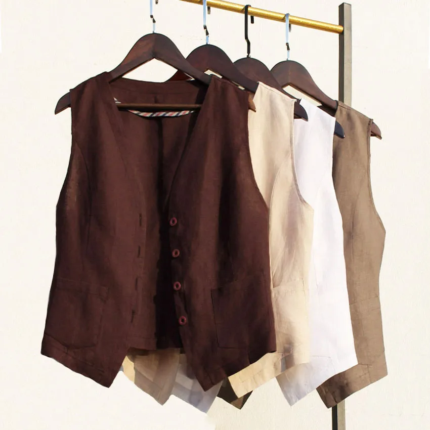 

Retro Faion Pure Color Cotton Linen Vest Women's Autumn New Sle V-ne Loose Casual oulder Pad ort Coat