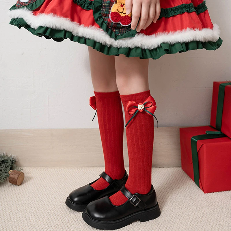 Kids Girls Christmas Socks Cute Bowknot Kids Dressy Knitted Mid-Calf Socks Child Spring Fall Princess Socks