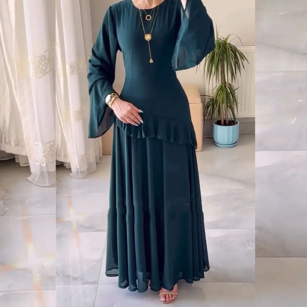 

Customized Pastrol Chiffon Pleat Ruched A-line O-Neck Midi Dresses Bespoke Occasion Party High Quality Chinese Style