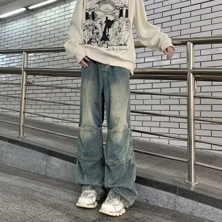 

Waed Vintage Large Size Men's Jeans Autumn Winter Low Waist Wide Leg Floor Length Trousers Trendy Loose Fit Straight Tube