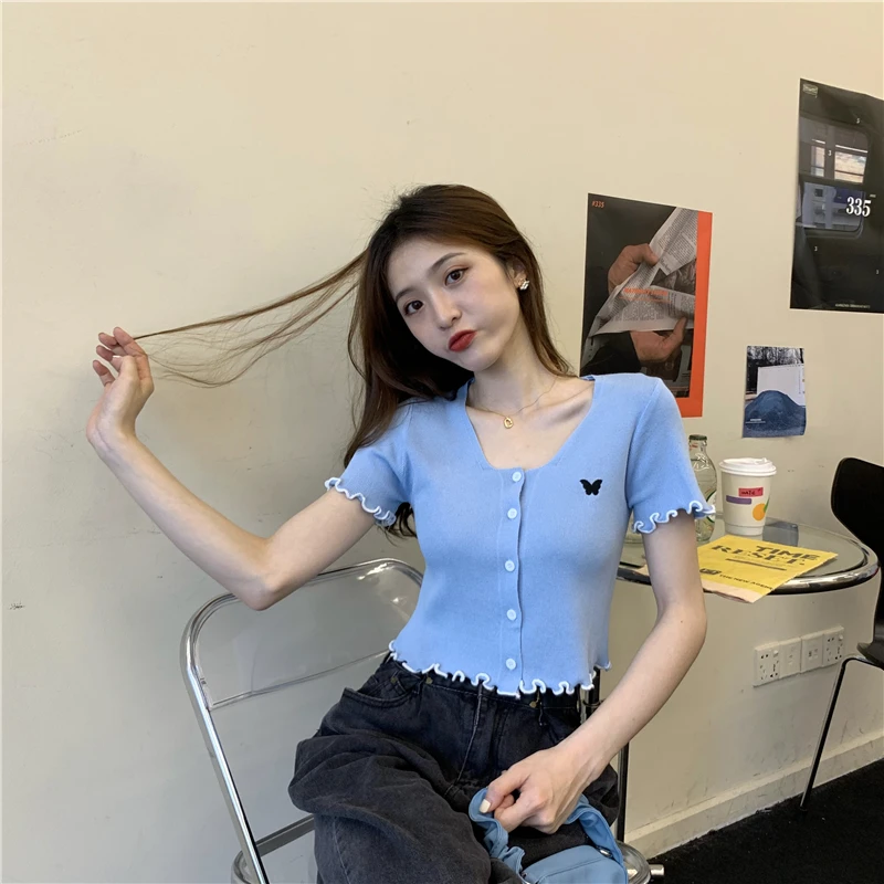 夏の新作カーディガン レディース シック ポリエステル プリント カジュアル ハイウエスト スリム 韓国風 Oネック ボタン ニット クロップドカーディガン