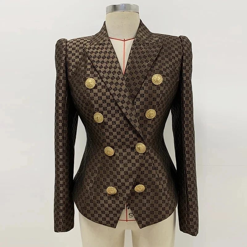 

Newest Arrival Spring Jacquard Coat Lady Slim Fitted Double-breasted Women Long Sleeve Geometric Pattern Blazer