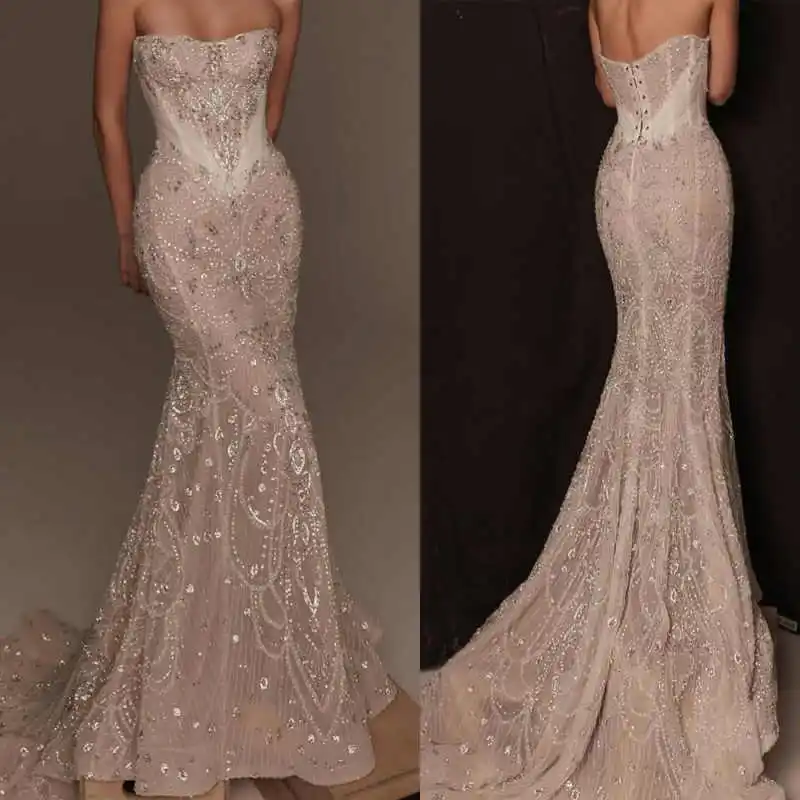 Wunderschönes Meerjungfrau-Hochzeitskleid, trägerlos, mit Kristallen und vollständigen Applikationen, bodenlang, Vestido De Noiva, individuell gestaltet