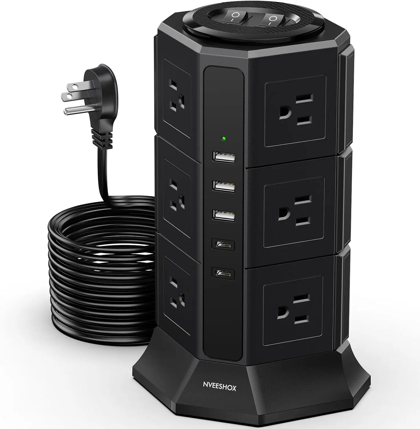 

Плоский удлинитель длиной 10 футов с 12 розетками переменного тока и 5 портами USB (2 Type-C), вертикальной башней питания для домашнего офиса