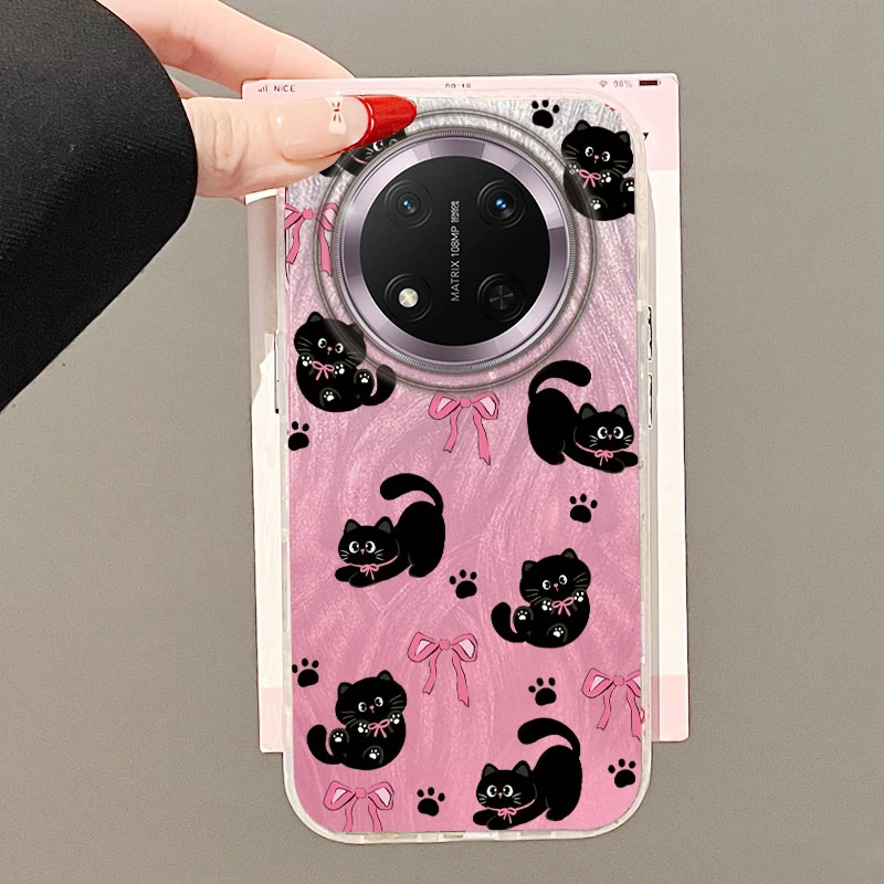 Luxuriöse Laser-Hülle mit silbernem Schleifenknoten für Honor Magic 7 Lite X9C X9A X8A X8B 200 Pro 400 Bumper Gradient Cute Black Cat Fundas Pink