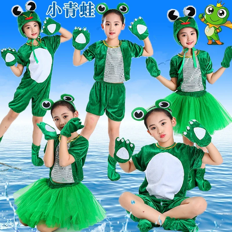 Ropa de escenario de baile para niños y niñas, conjunto de disfraz de rana verde, zapatos, guantes, ropa de actuación de animales para fiesta de Halloween