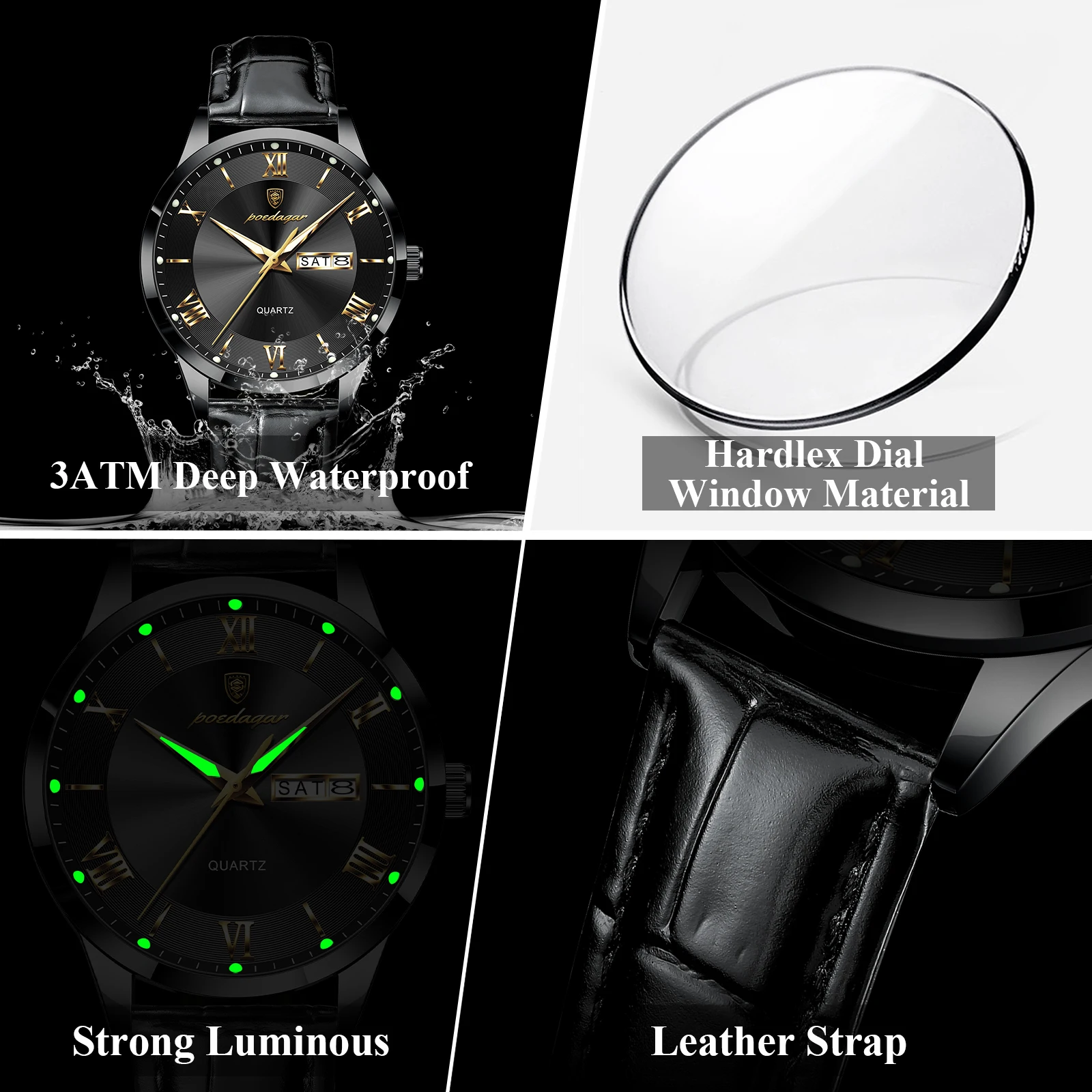 POEDAGAR Original Luxury Wristwatch For Men Waterproof Luminous Date Week Leather Man Watch Simple Business Quartz Men's Watches
