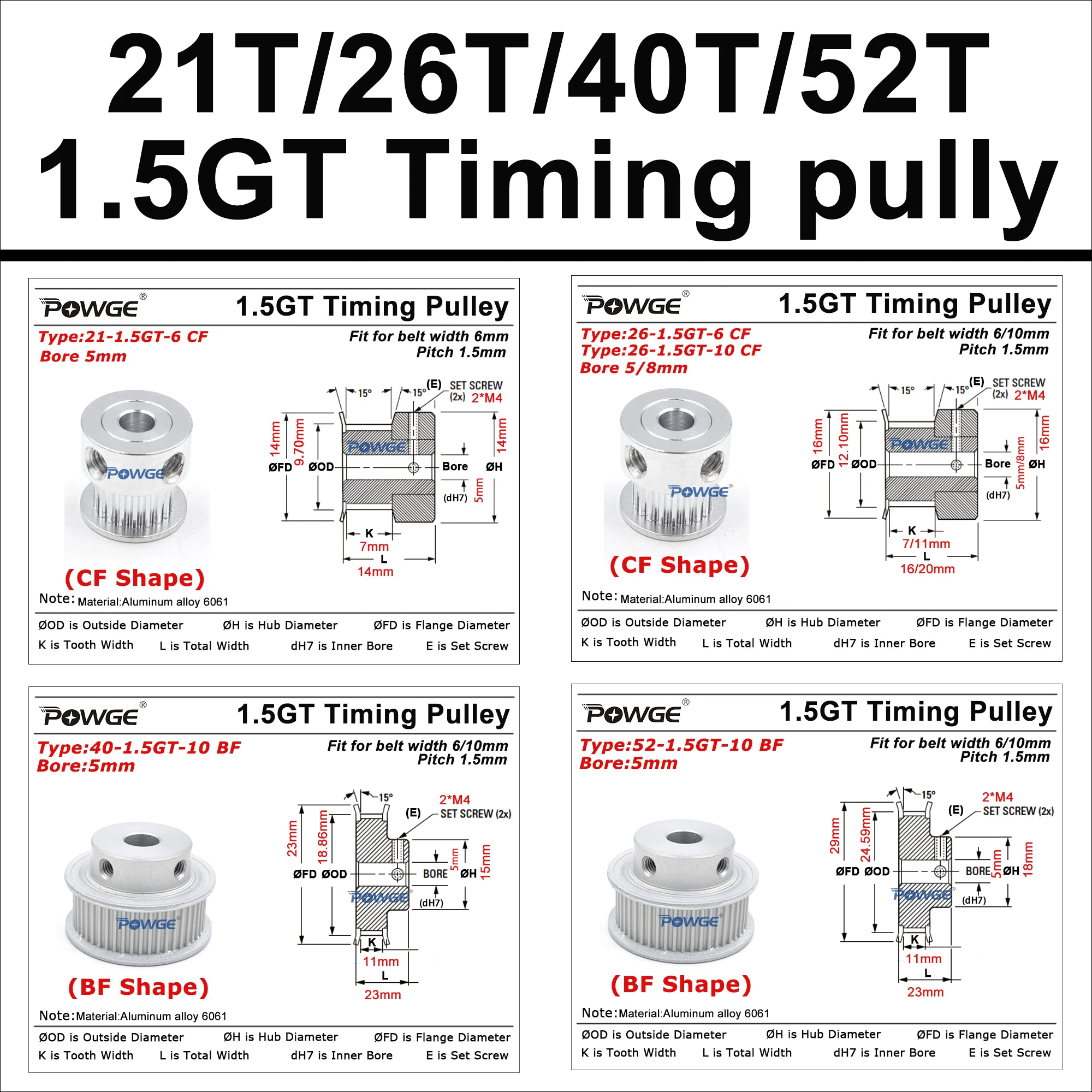 POWGE GT 21 26 40 52歯 1.5GT 1.5Mタイミングプーリー アイドラー ボア径 3/4/5/8mm ベルト幅 6/9/10mm 小バックラッシュ 21T 26T 40T 52T