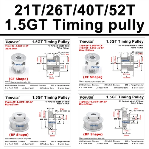 Imagen 2 del producto POWGE GT 21 26 40 52 dientes 1.5GT 1,5 M polea de distribución diámetro tensor 3/4/5/8mm para ancho de correa 6/9/10mm pequeño contrabajo 21T 26T 40T 52T