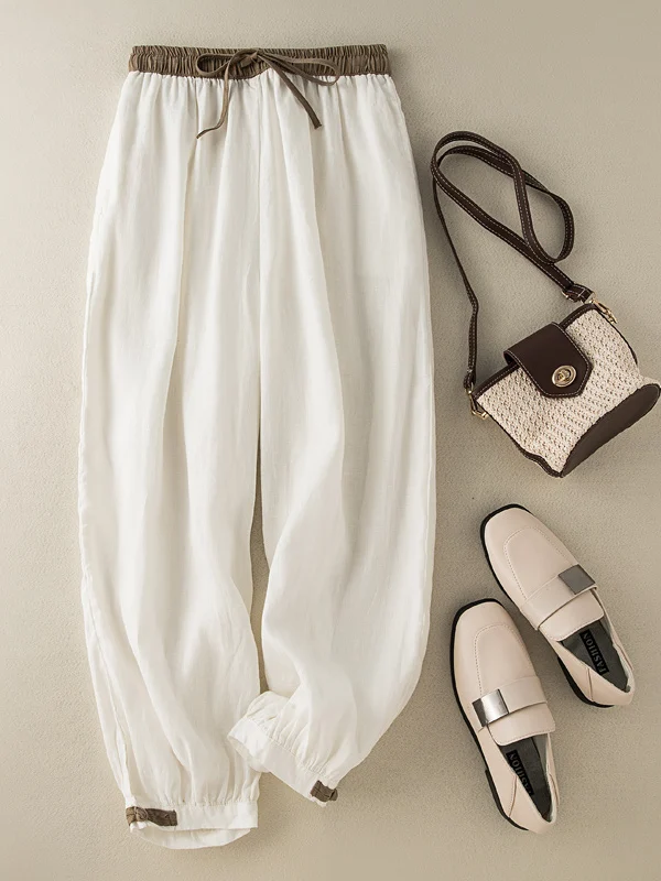 

Повседневные брюки из хлопка и льна в стиле ретро, тонкие девять очков, большой размер, цветная бровь, утягивающие женские брюки Харлан с высокой талией