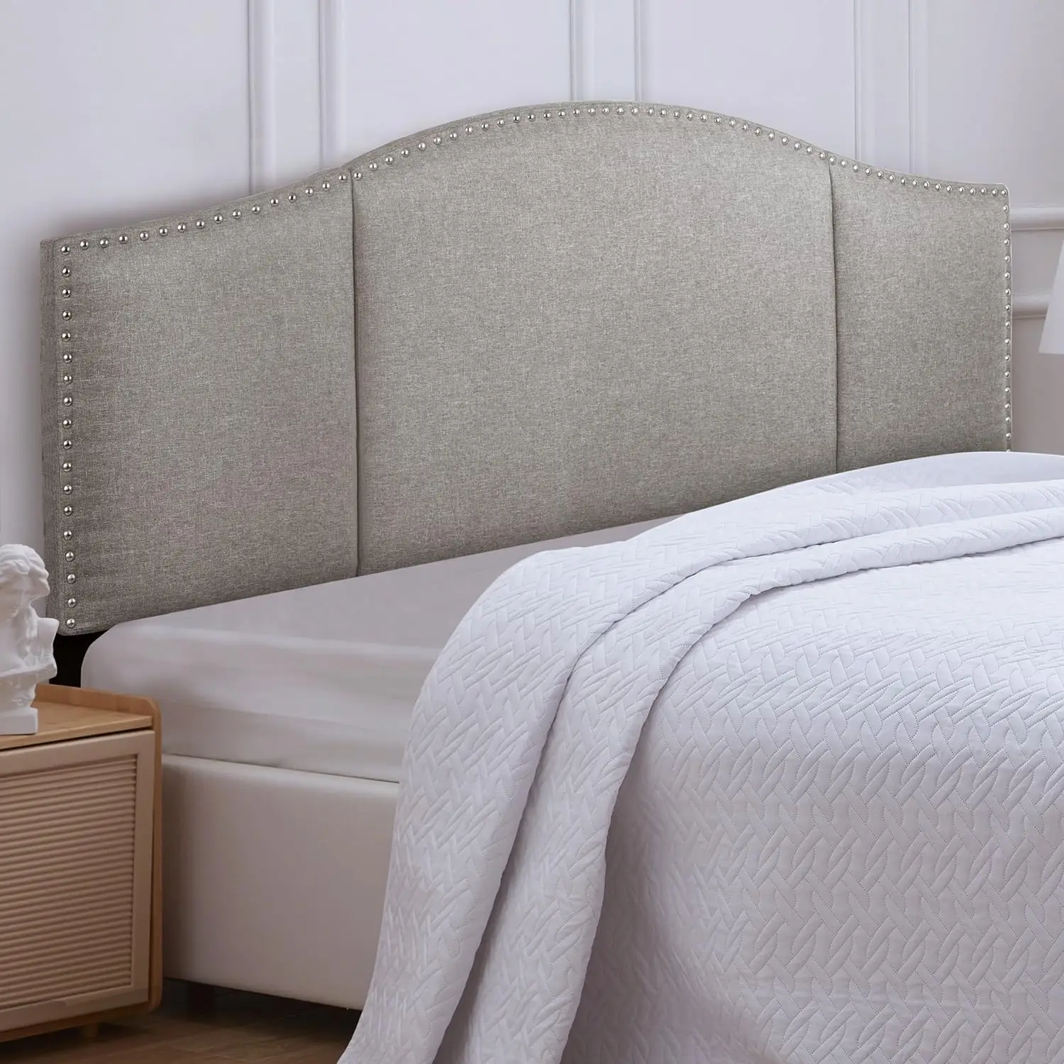 Linen Fabric Upholstered King Size Headboard with Nailheads Trim Platform, Adjustable Height Head Board, Light Grey