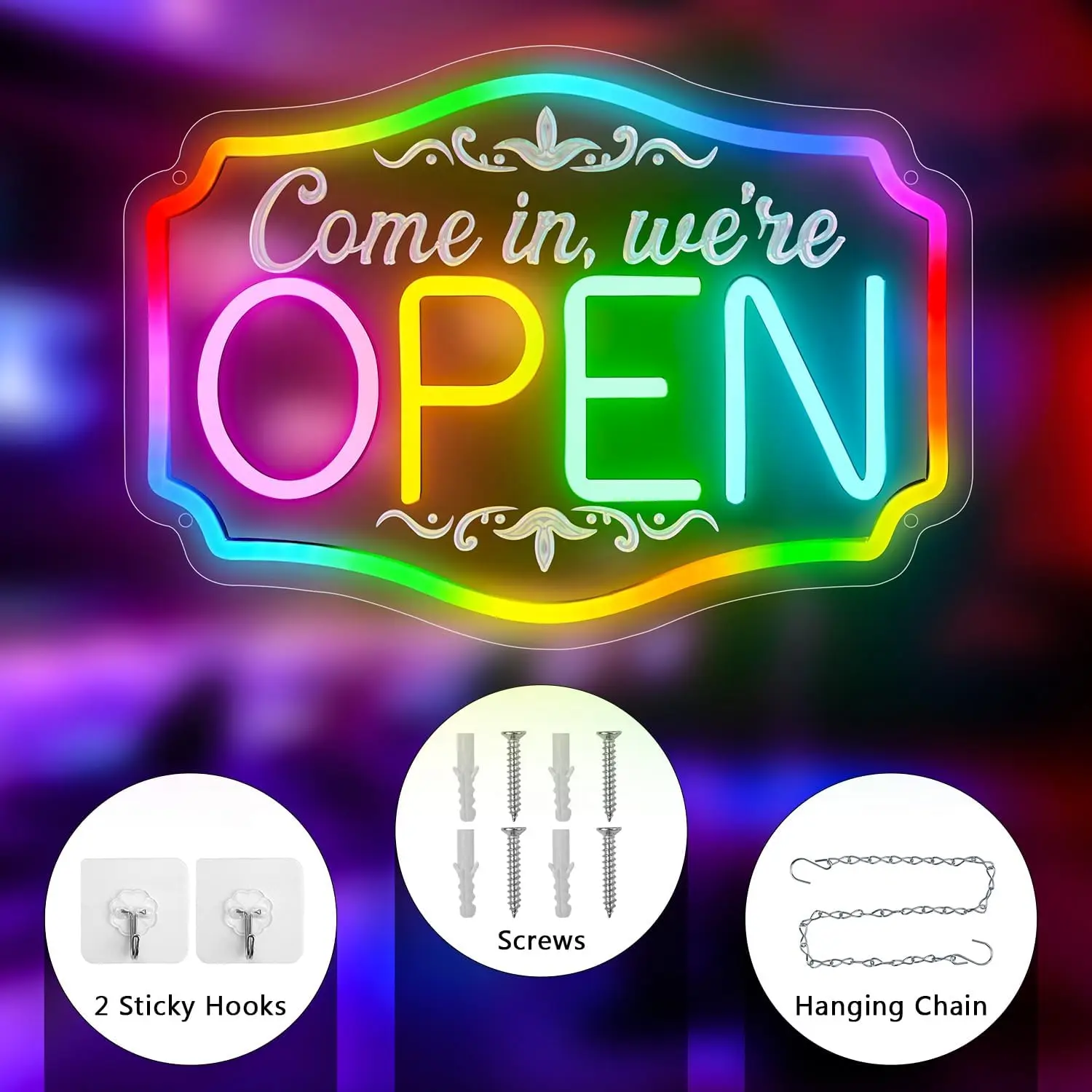 تعال فينا مفتوحة علامة النيون RGB نحت سطوع قابل للتعديل RGB علامات مفتوحة لواجهة متجر الفندق والمطعم