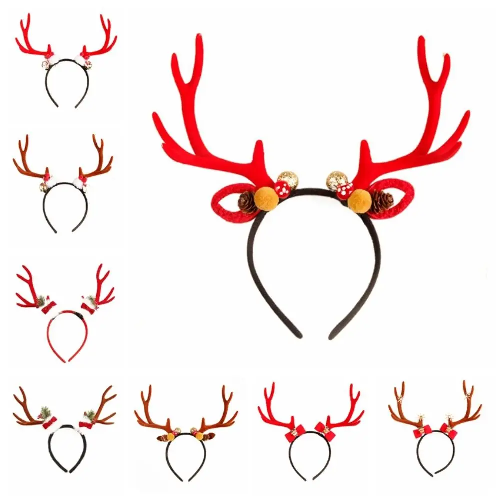 Рождественская повязка на голову с колокольчиком, плюшевый шар, повязка на голову с рогами и цветами, украшение на голову, обруч для волос с изображением лося, праздничное украшение