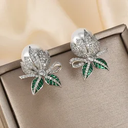 Sterling 925 Silver Micro Inlaid Zircon Cute Wide Carved Leaf Petal Earrings for Women Gilr Personality Engagement Banquet Gift