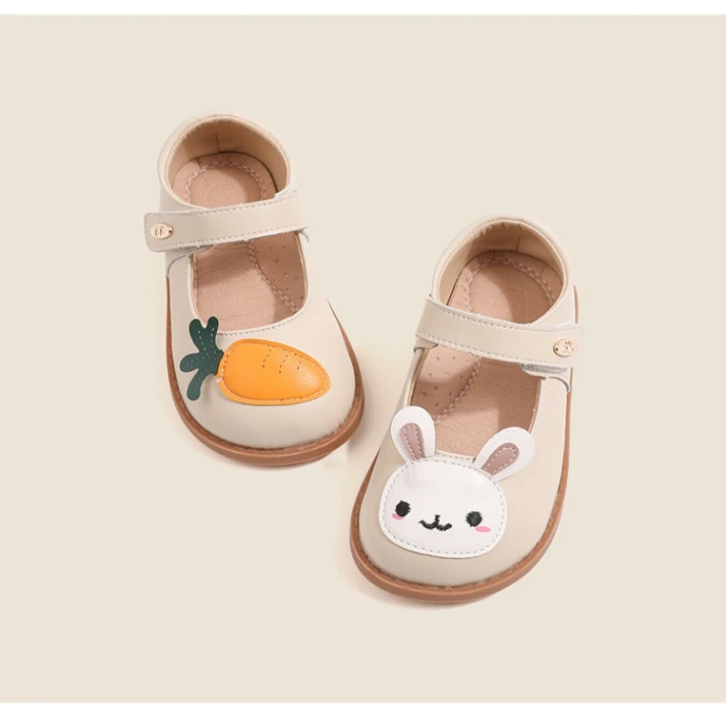 Autumn Genuine Leather Cartoon Rabbit Carrot Baby Girls\' Flat Shoes High Quality Arch Insole Little Kids Mary Jane Shoes