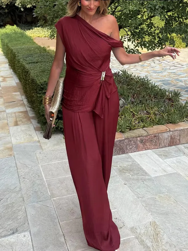 HH Women Fashion Solid Pants Suit Dew Shoulder Golden Button Sleeveless Short Top+High-Waisted Pleated Wide Leg Long Pant
