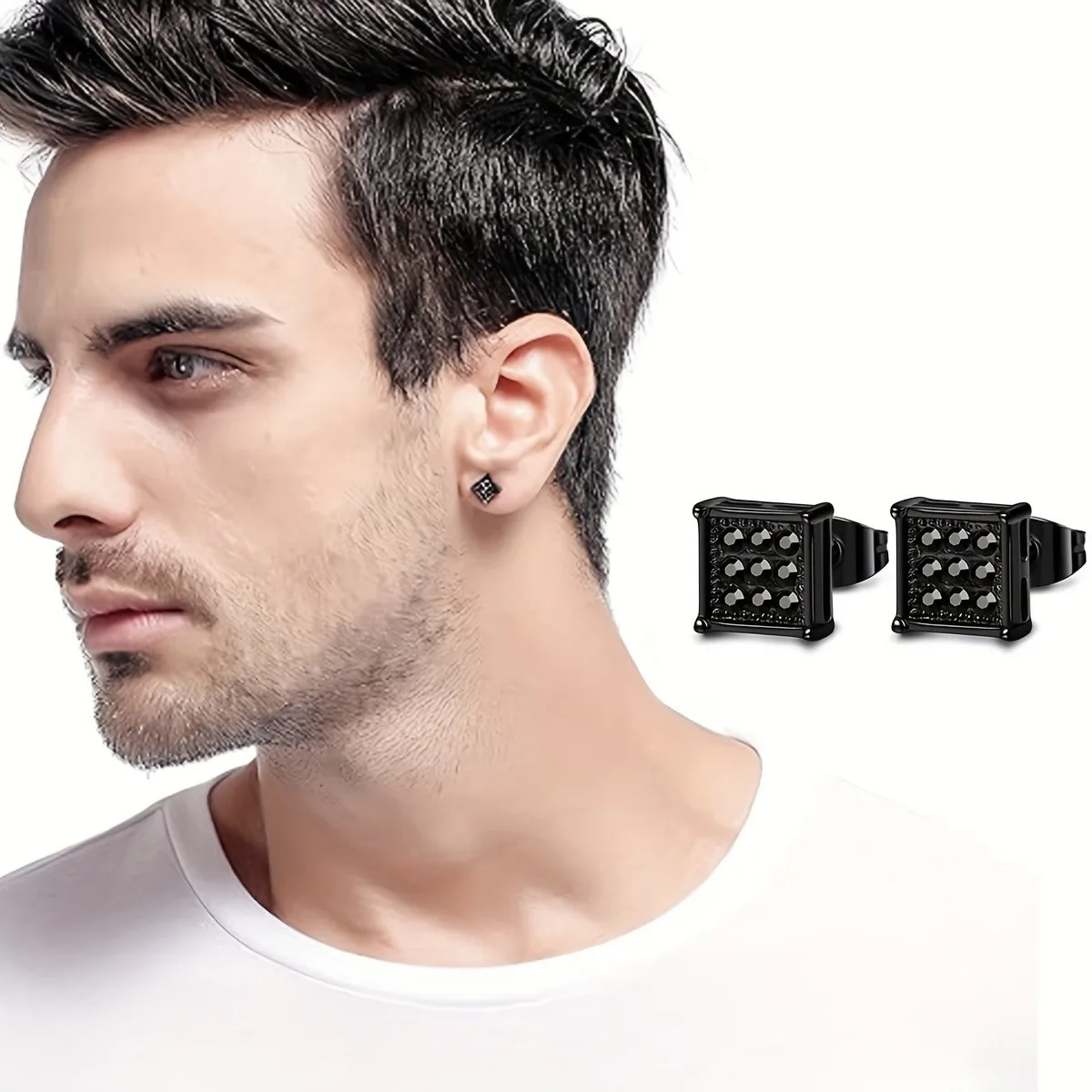 5 Pairs Stainless Steel Stud Earrings For Men, Cubic Zirconia Round Square Stud Earrings, Holiday Party Gift