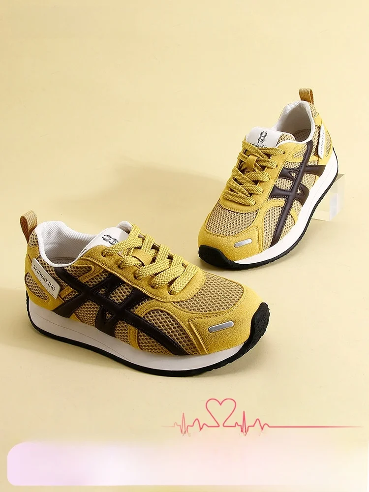 Spider King Women's Trainer Shoes Casual Sporty Yellow Mesh Upper Foot Slimming Fashionable Color Block Leisure Sneakers
