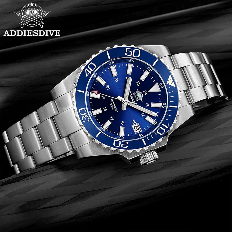 ADDIESDIVE NEUE wasserdichte Herrenuhr aus Edelstahl mit blauem Zifferblatt, Saphirglas, superleuchtend, Diver AD2504, automatische mechanische Uhren