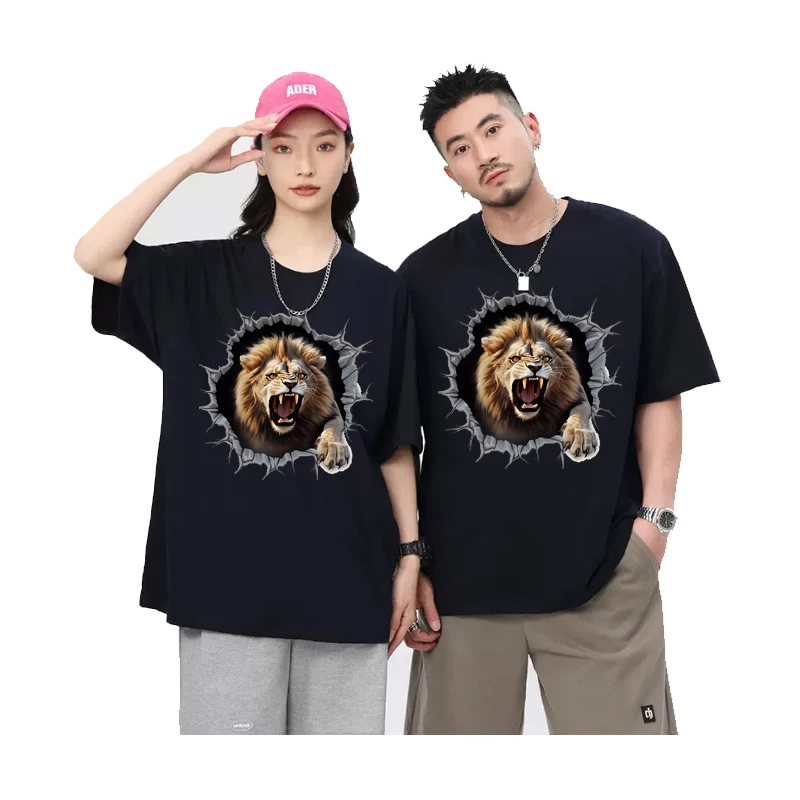 T-shirt 2024 Summer New Women's Comfortable Casual Short sleeved Couple 2D Diamond Wall Lion Fashion Loose Top