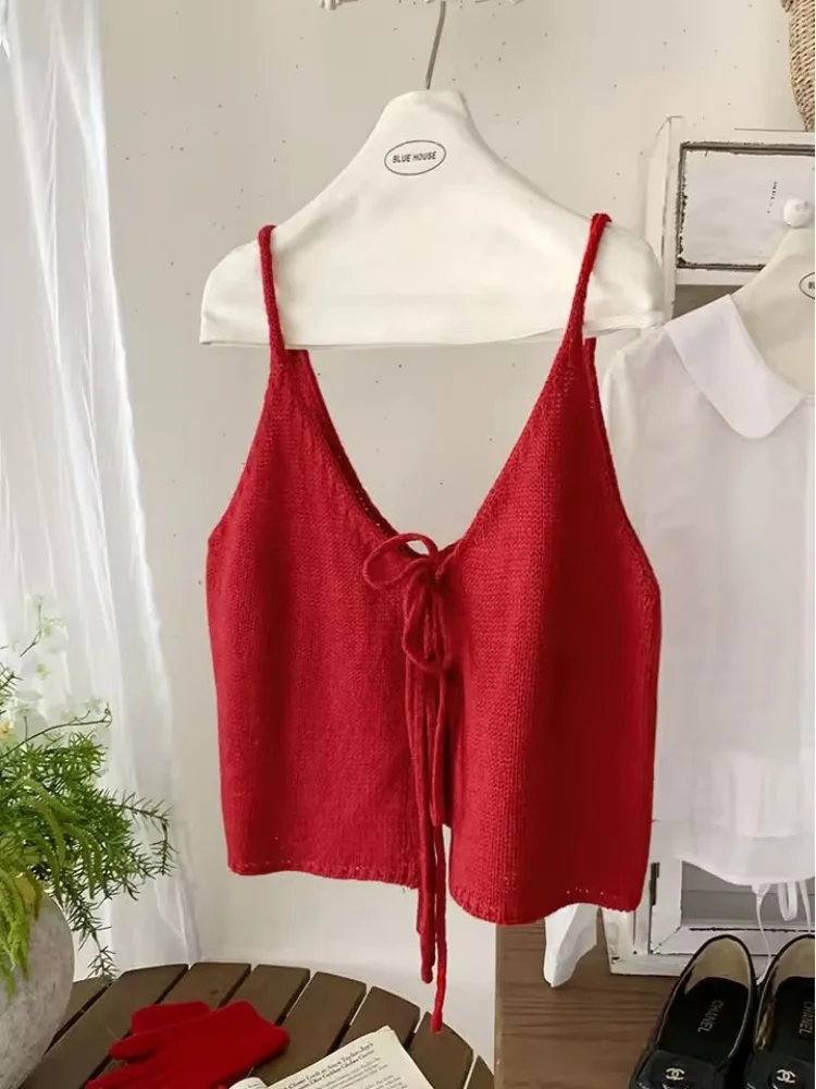 Korean V-Neck Tie Knitted Cardigan Tank Top Women's Spring Summer Double-Sided Wearable Vest  Casual Commute Outerwear