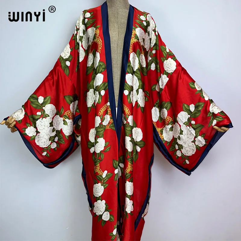 WINYI Bohemian Printed Bikini Cover-ups Elegant Kimono Blog Holiday Party Dress Women Free Size Beach Wear Swim Suit Cover Up