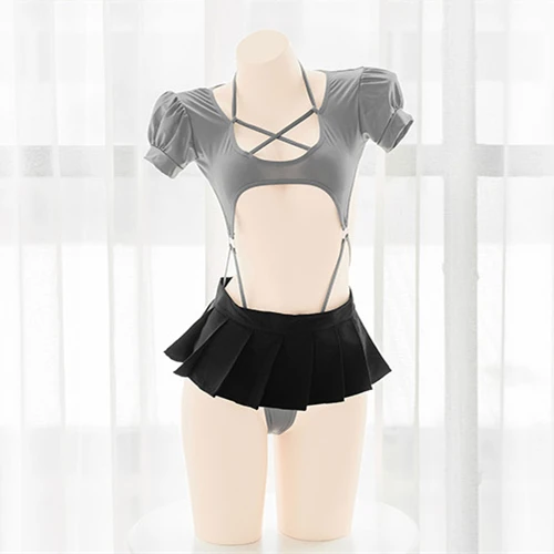 Anime Student Puff Sleeve Black One-piece Swimsuit Cross Straps Bodysuit Mini Pleated Skirt Swimwear Uniform Pool Party Cosplay