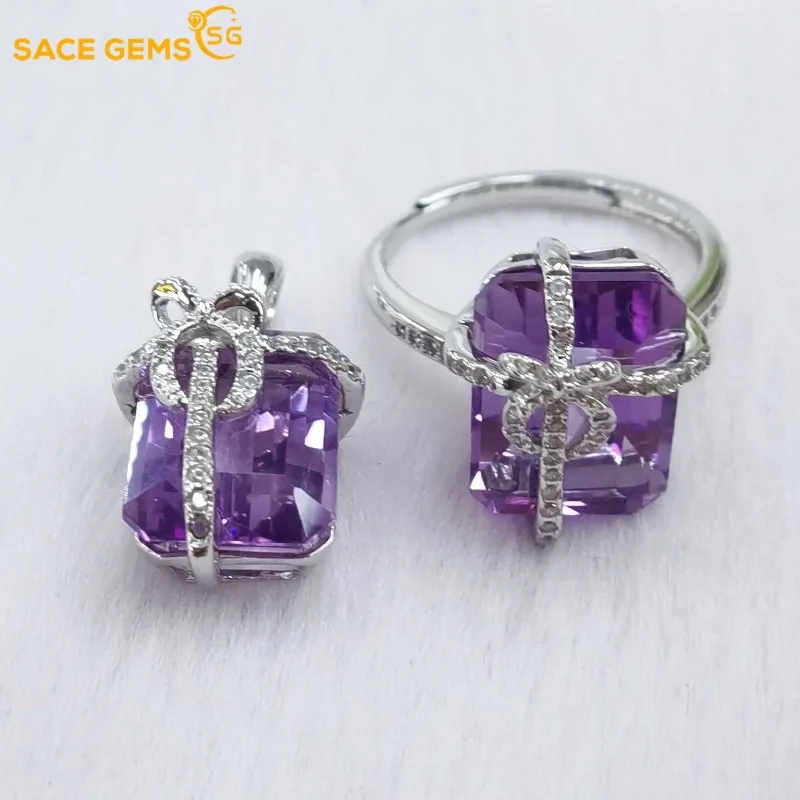 SACEGEMS Luxury 100% 925 Sterling Silver 10*14MM Natural Amethyst Crystal Rings Pendant Wedding Engagement Fine Jewelry Set Gift