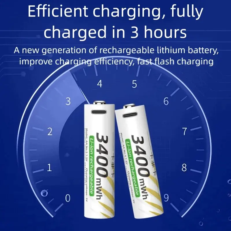 1.5 فولت AA 3400mWh + AAA 800mWh مجموعة بطارية ليثيوم قابلة للشحن مع USB-C شحن سريع نوع C كابل النقل الجوي
